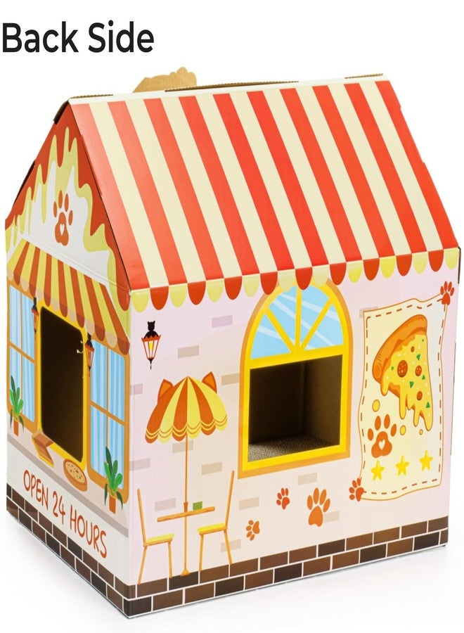 Tlence 2 Pack Cardboard Cat Houses with Scratcher, 16.5''x12.25''x15'' Cat Hideaway Playhouse, Kitty Scratching Beds for Indoor Cats, Pizza Shop Cat Furniture Condo Cave Tent for Bunny Small Animals - Image 4